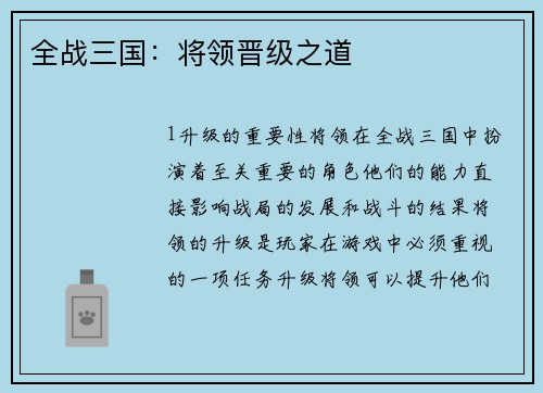 全战三国：将领晋级之道